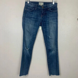 Current Elliot Straight Jeans Frayed Raw Hem Distressed Medium Wash Blue Denim